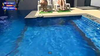 College Party With Two Naughty Students And Pool Cleaners On The Job.
